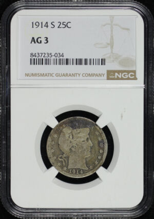 Obverse of this 1914-S Barber Quarter NGC AG-3