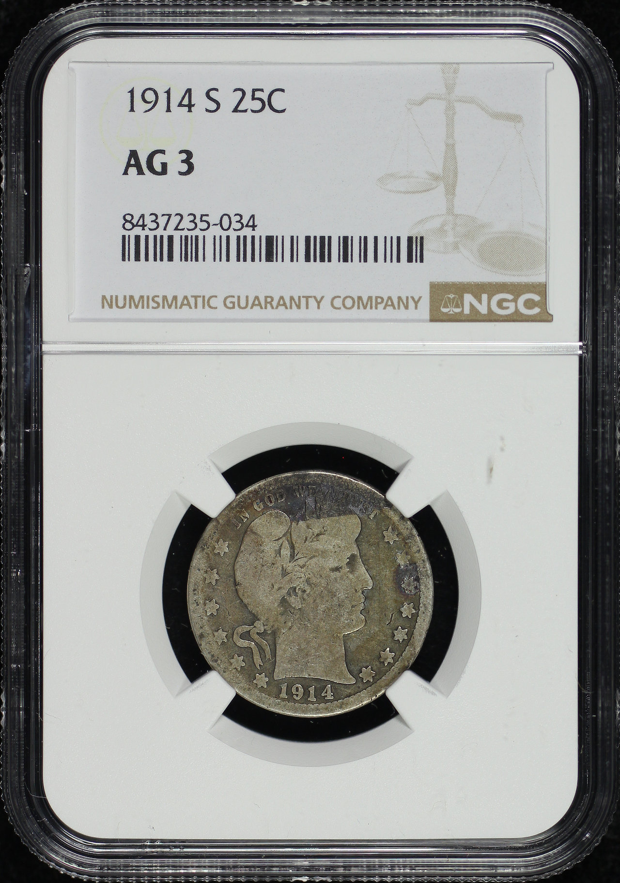 Obverse of this 1914-S Barber Quarter NGC AG-3