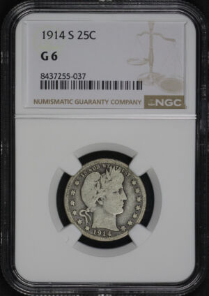 Obverse of this 1914-S Barber Quarter NGC G-6