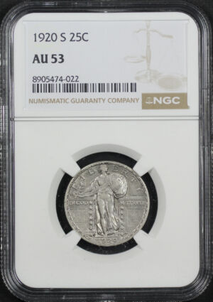 Obverse of this 1920-S Standing Liberty Quarter NGC AU-53
