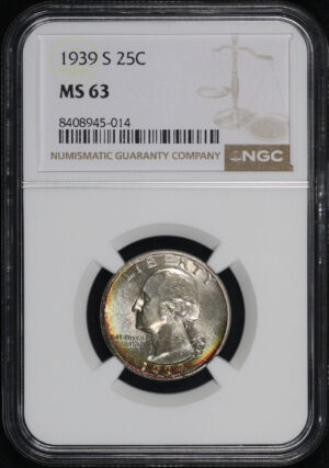 Obverse of this 1939-S Washington Quarter NGC MS-63 – Rainbow Obverse Rim Toning! 