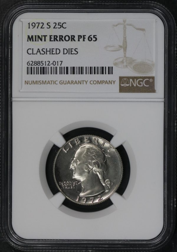 Obverse of this 1972-S Washington Quarter NGC PF-65 MINT ERROR Clashed Dies