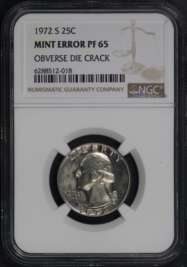 Obverse of this 1972-S Washington Quarter NGC PF-65 MINT ERROR Obverse Die Crack