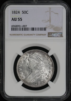 Obverse of this 1824 Capped Bust Half Dollar Overdate NGC AU-55