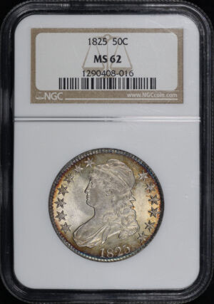 Obverse of this 1825 Capped Bust Half Dollar NGC MS-62 Blue & Sunset Hue Rim Toning