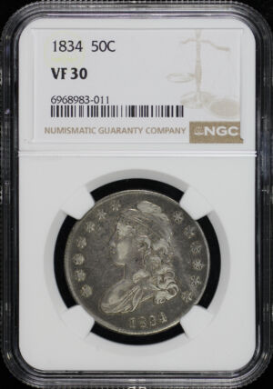 Obverse of this 1834 Capped Bust Half Dollar Large Date, Letters NGC VF-30