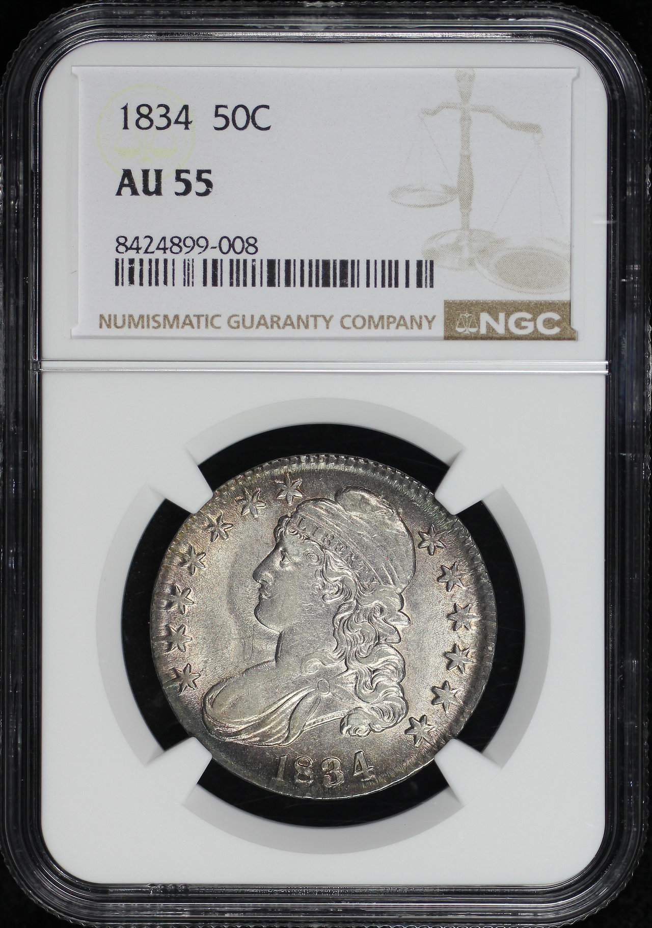 Obverse of this 1834 Capped Bust Half Dollar NGC AU-55