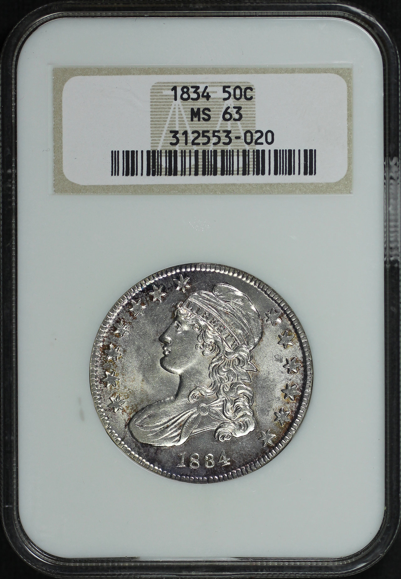 Obverse of this 1834 Capped Bust Half Dollar NGC MS-63 Old Fatty Holder