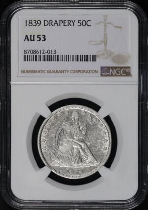 Obverse of this 1839 Liberty Seated Half Dollar with Drapery NGC AU-53