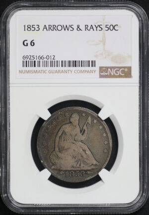 Obverse of this 1853 Seated Liberty Half Dollar with Arrows & Rays NGC G-6 – Great For A Lowball Set! 