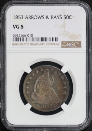 Obverse of this 1853 Seated Liberty Half Dollar with Arrows & Rays NGC VG-8