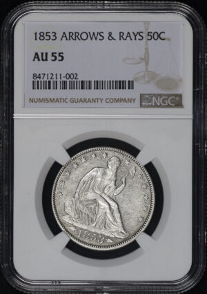Obverse of this 1853 Arrows & Rays Liberty Seated Half Dollar and NGC AU-55