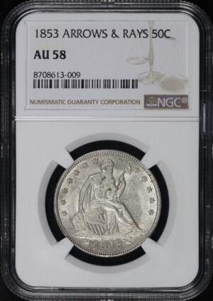 Obverse of this 1853 Liberty Seated Half Dollar with Arrows & Rays NGC AU-58