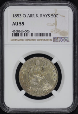 Obverse of this 1853-O Liberty Seated Half Dollar Arrows and Rays NGC AU-55