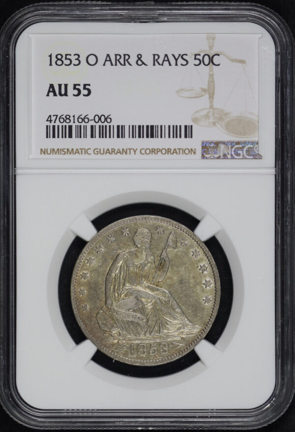 Obverse of this 1853-O Liberty Seated Half Dollar Arrows and Rays NGC AU-55
