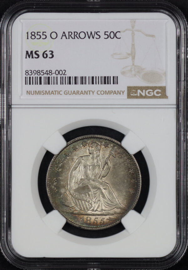 Obverse of this 1855-O Liberty Seated Half Dollar Arrows NGC MS-63