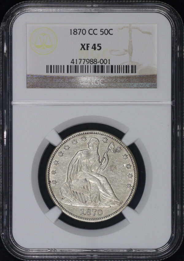 Obverse of this 1870-CC Liberty Seated Half Dollar NGC XF-45