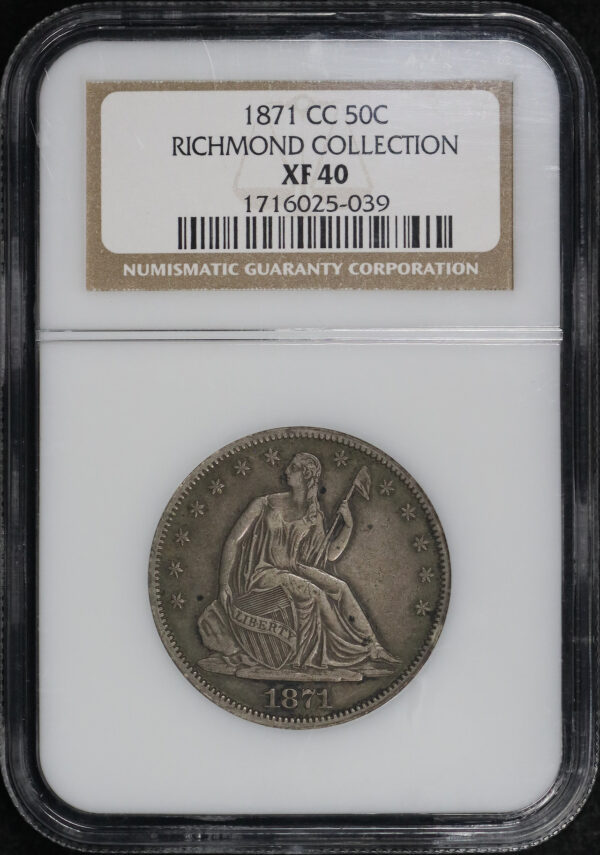 Obverse of this 1871-CC Liberty Seated Half Dollar NGC XF-40 Richmond Collection