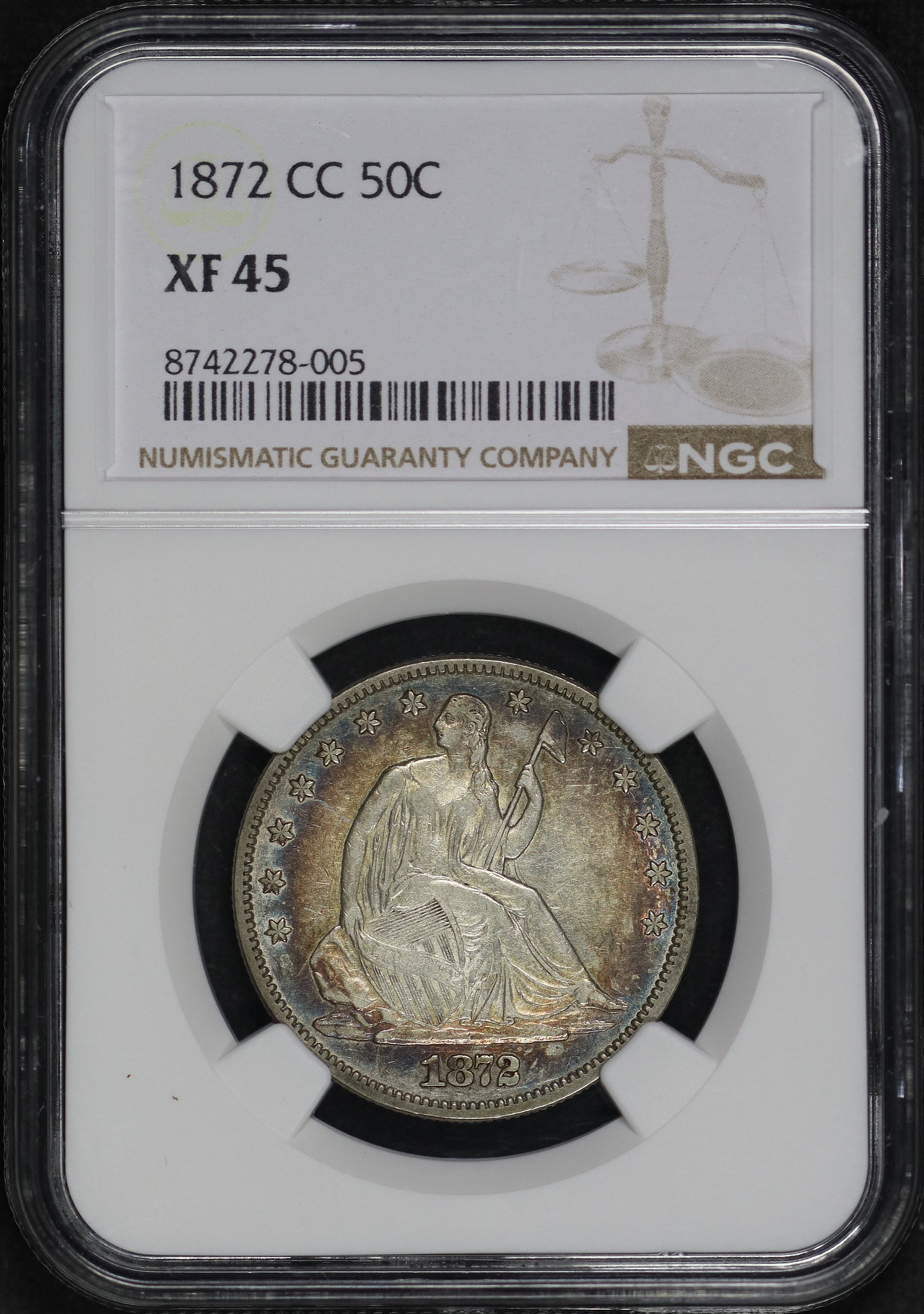 Obverse of this 1872-CC Liberty Seated Half Dollar NGC XF-45
