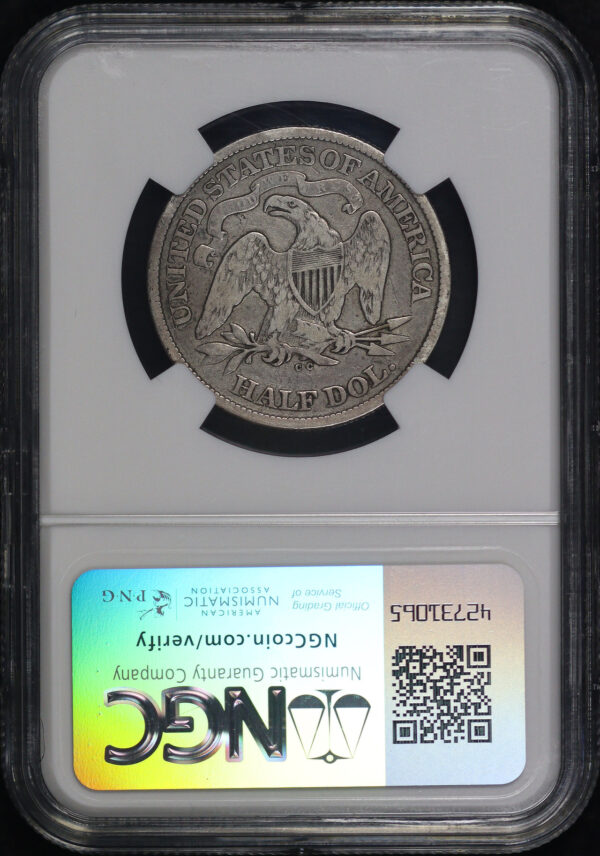 Reverse of this 1873-CC Cc Liberty Seated Half Dollar No Arrows NGC F-12
