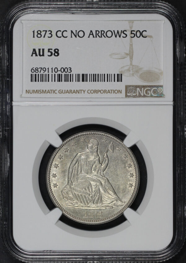 Obverse of this 1873-CC No Arrows Liberty Seated Half Dollar NGC AU-58