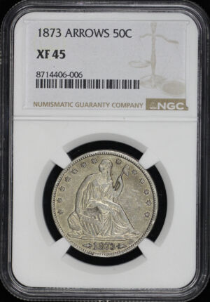 Obverse of this 1873 Liberty Seated Half Dollar with Arrows NGC XF-45