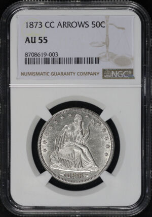 Obverse of this 1873-CC Liberty Seated Half Dollar with Arrows NGC AU-55