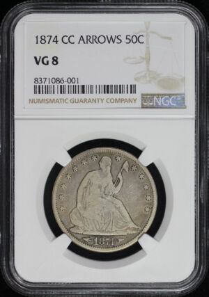 Obverse of this 1874-CC Liberty Seated Half Dollar Arrows NGC VG-8
