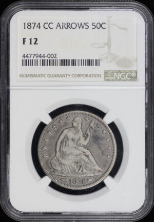 Obverse of this 1874-CC Liberty Seated Half Dollar with Arrows NGC F-12