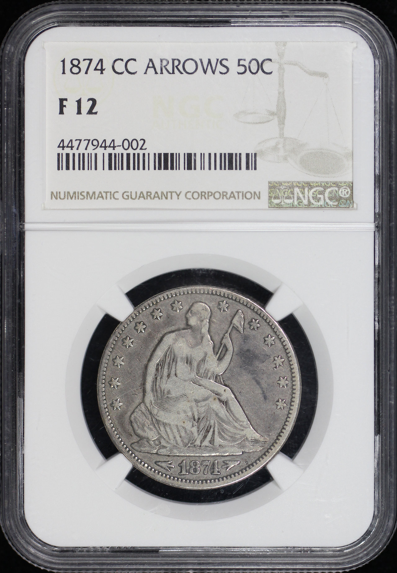 Obverse of this 1874-CC Liberty Seated Half Dollar with Arrows NGC F-12