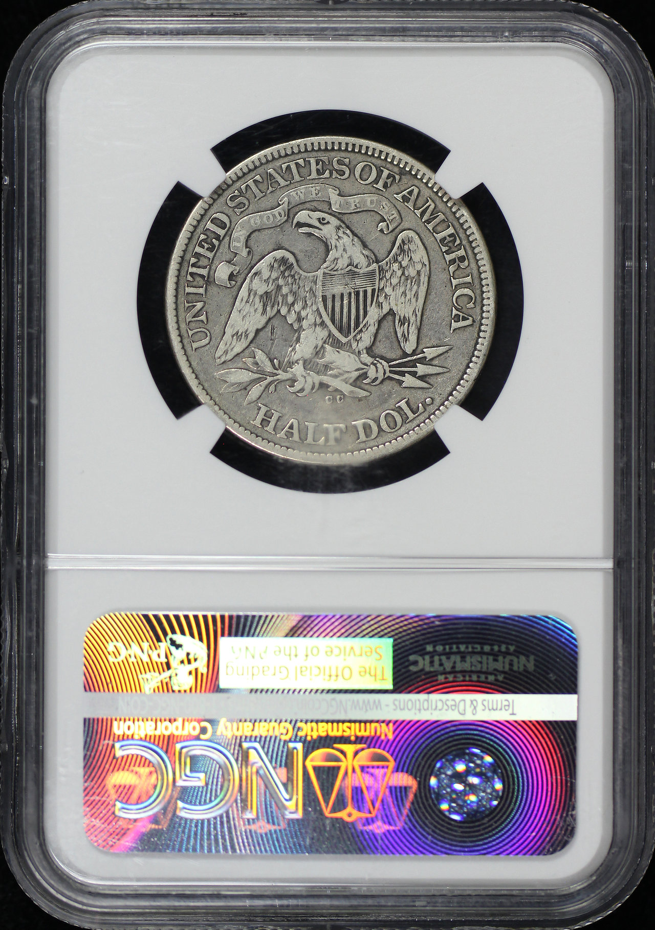 Reverse of this 1874-CC Liberty Seated Half Dollar with Arrows NGC F-12