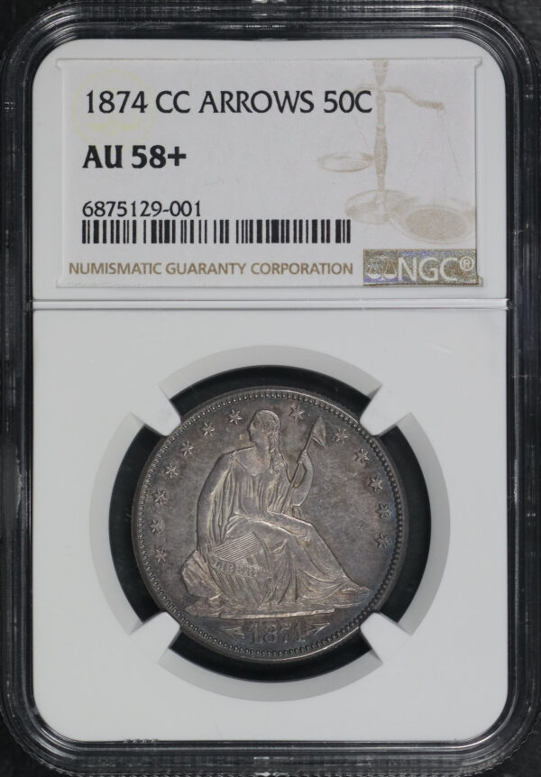Obverse of this 1874-CC Liberty Seated Half Dollar Arrows NGC AU-58+