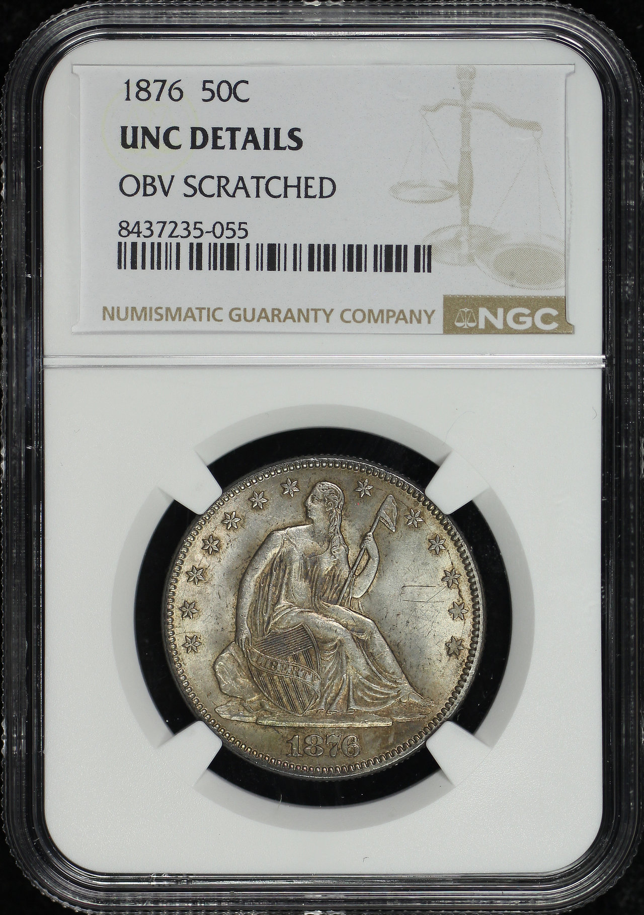 Obverse of this 1876 Liberty Seated Half Dollar NGC UNC Details Obverse Scratched