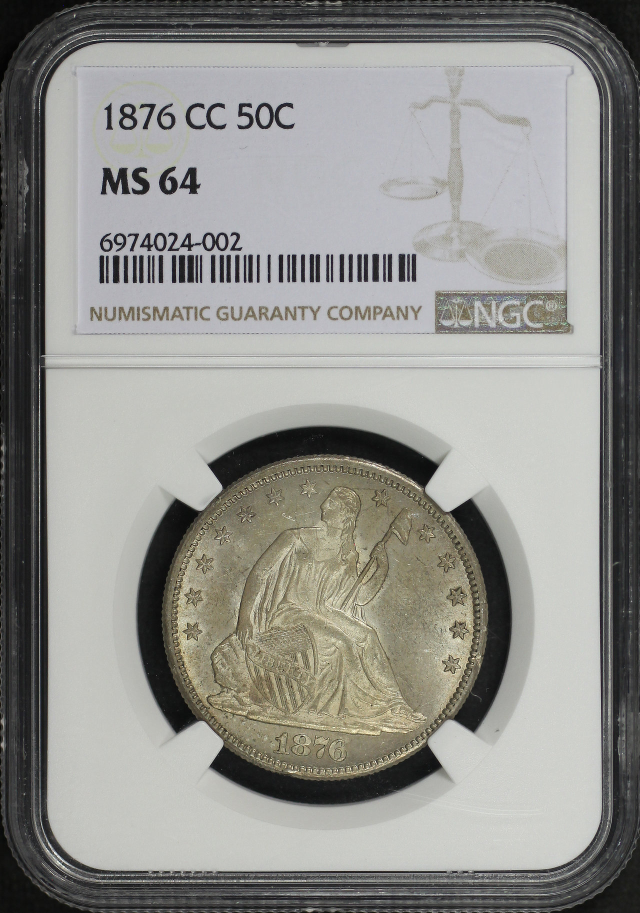 Obverse of this 1876-CC Liberty Seated Half Dollar NGC MS-64
