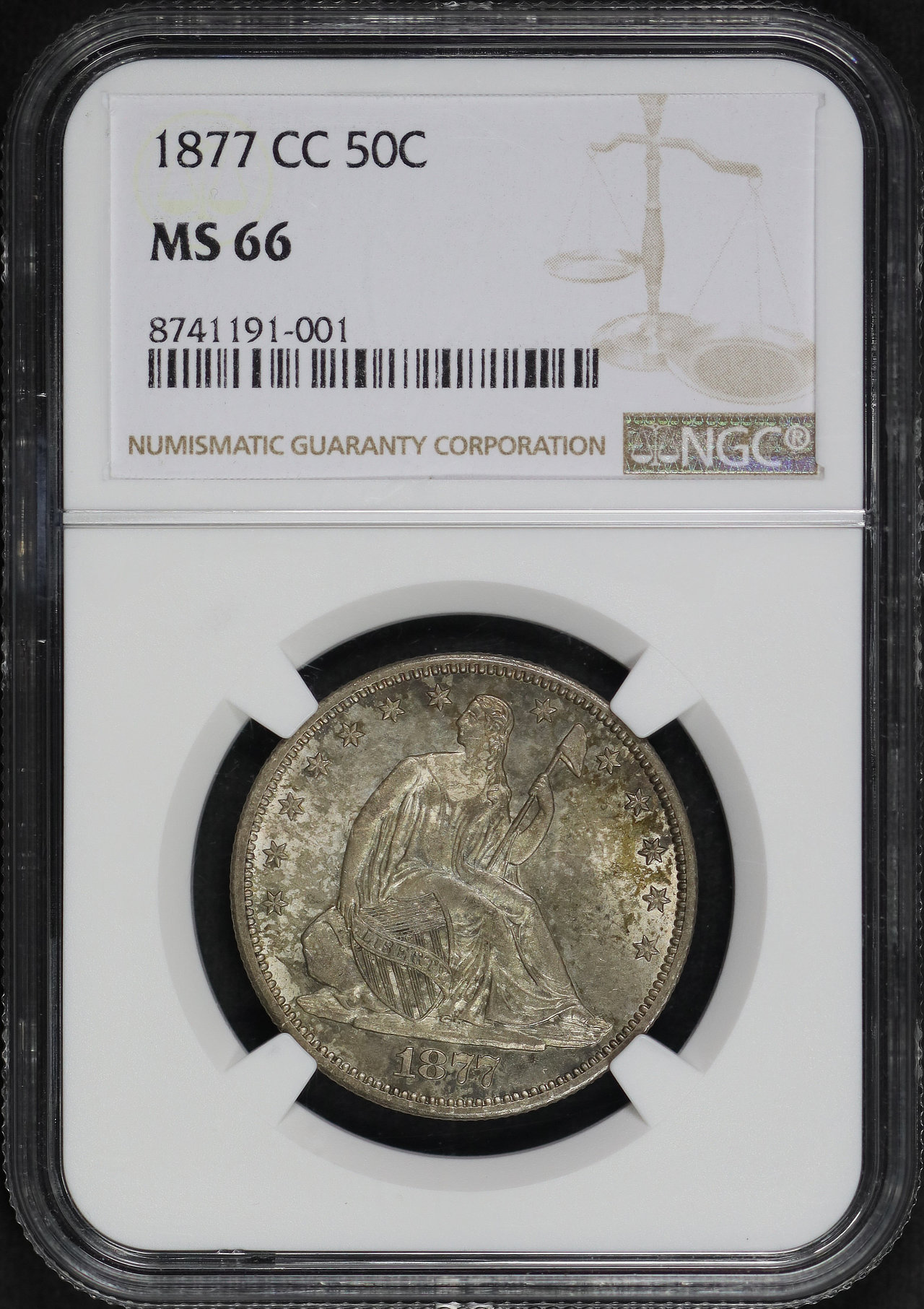Obverse of this 1877-CC Liberty Seated Half Dollar NGC MS-66