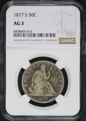Obverse of this 1877-S Liberty Seated Half Dollar NGC AG-3