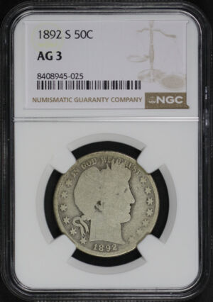 Obverse of this 1892-S Barber Half Dollar NGC AG-3