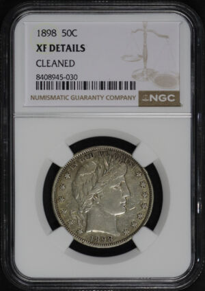 Obverse of this 1898 Barber Half Dollar NGC XF Details Cleaned