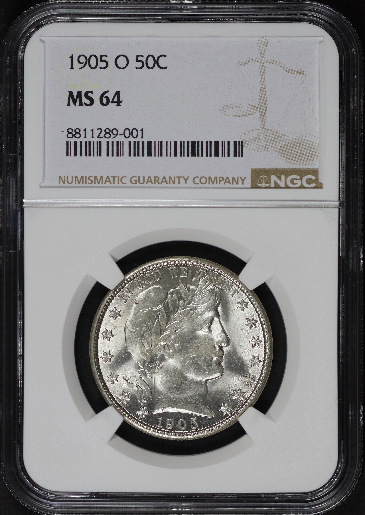 Obverse of this 1905-O Barber Half Dollar NGC MS-64