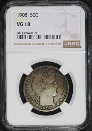 Obverse of this 1908 Barber Half Dollar NGC VG-10