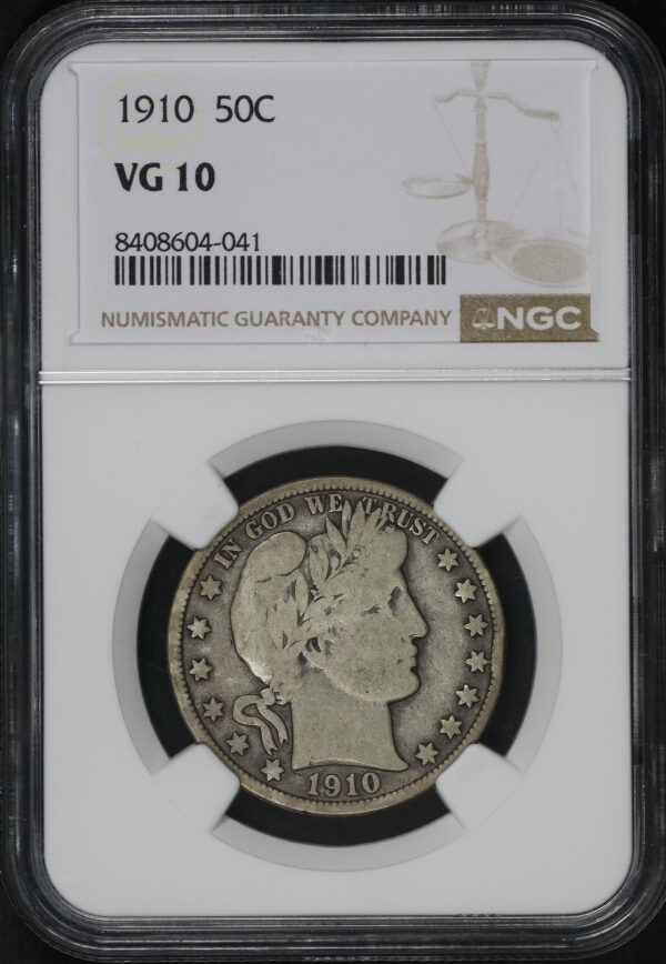 Obverse of this 1910 Barber Half Dollar NGC VG-10