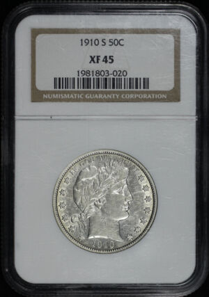 Obverse of this 1910-S Barber Half Dollar NGC XF-45