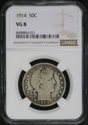 Obverse of this 1914 Barber Half Dollar NGC VG-8