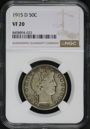 Obverse of this 1915-D Barber Half Dollar NGC VF-20