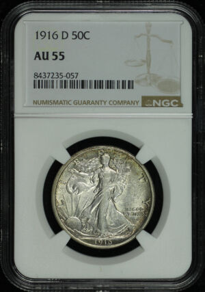 Obverse of this 1916-D Walking Liberty Half Dollar NGC AU-55