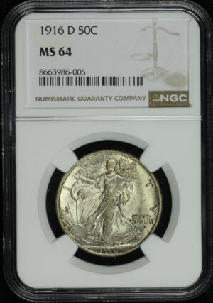 Obverse of this 1916-D Walking Liberty Half Dollar NGC MS-64