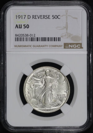 Obverse of this 1917-D Reverse Walking Liberty Half Dollar NGC AU-50