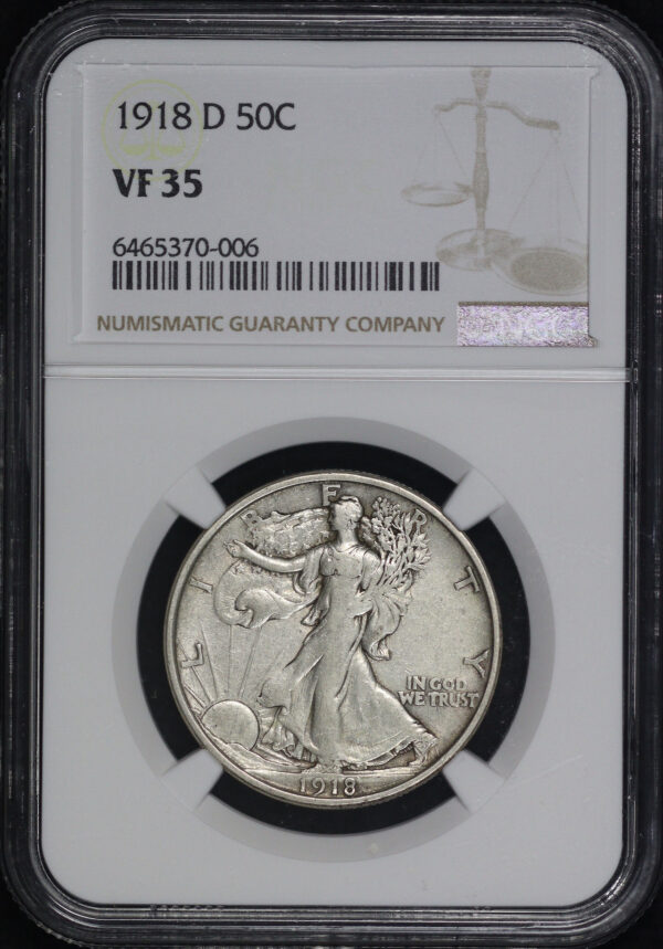 Obverse of this 1918-D Walking Liberty Half Dollar NGC VF-35