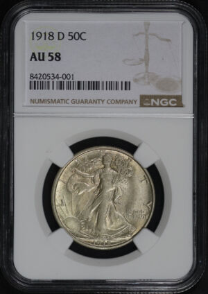Obverse of this 1918-D Walking Liberty Half Dollar NGC AU-58