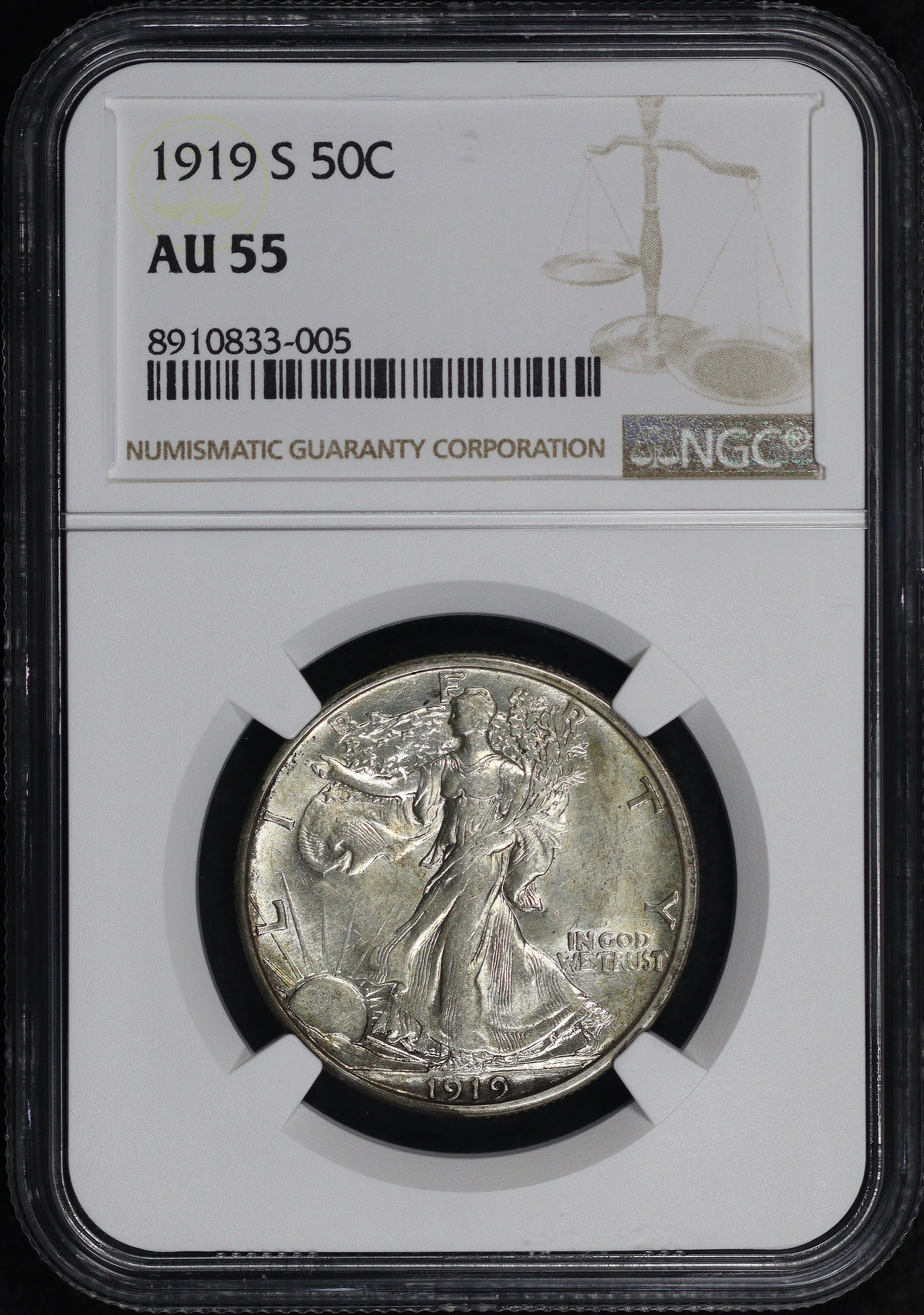 Obverse of this 1919-S Walking Liberty Half Dollar NGC AU-55